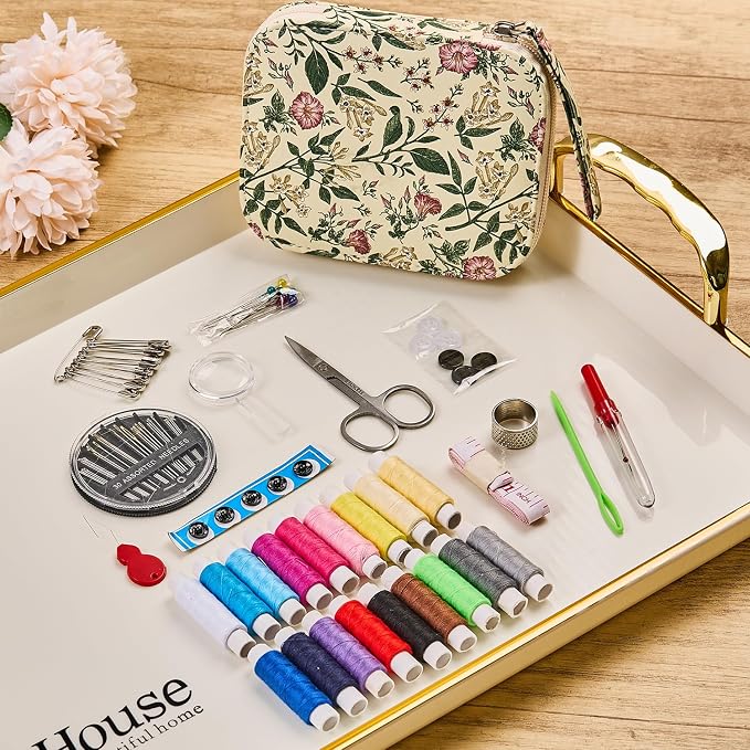 Arts Craft Printing Sewing Kit Travel Basic Small Sewing Set | Floral Pattern Sewing Kit for Adults,Emergency,Beginners Professional Sewing Supplies with 18 Colors Sewing Thread