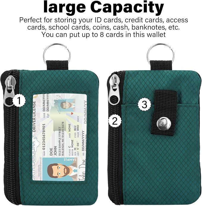 Minimalist Small Wallet for Men Women with 2 Zip Pockets, Multi Functional ID Case with Keychain and Card Holder, Coin Purse Badge Lanyard Pouch for Boys Girls Travel - Dark Green