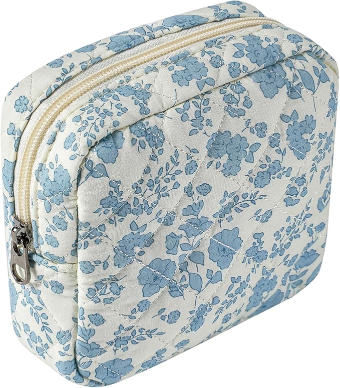 RSRSLEII Small Quilted Cosmetic Pouch for Purse, Mini Cotton Makeup Bag with Compartments, Cute Zipper Lipstick Holder for Women (07LightBlue Flower)