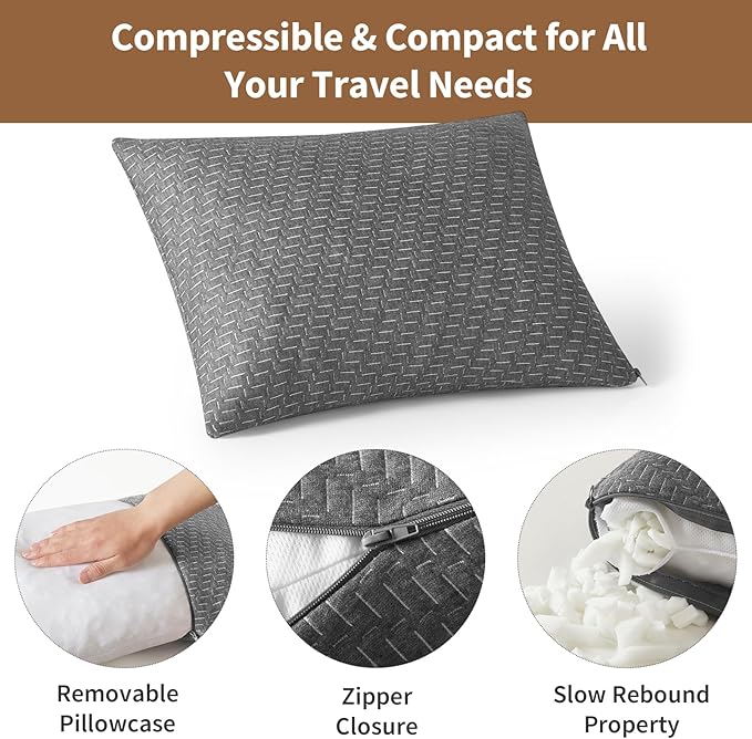 Small Shredded Memory Foam Pillow, Camping Pillow Travel Pillow - Compressible Medium Firm, Breathable Cover, Ideal Backpacking Hiking, Airplane and Car