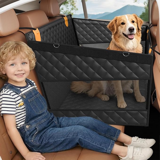 PETICON Large Dog Car Seat, Back Seat Extender for Dogs with 3 Mesh Windows, Waterproof Medium Carseat for Dogs with Hard Bottom, Pet Seat Cover for Cars, Trucks and SUVs