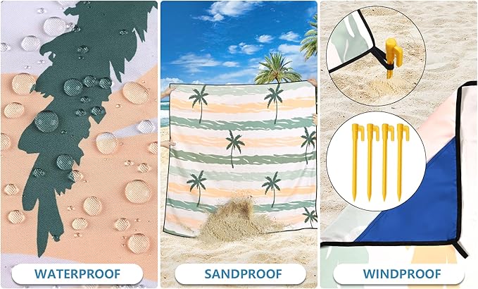 HIHOHO Beach Blanket Waterproof Sandproof Beach Mat 79”x 83” for 1-8 Adults Quick Drying Durable Outdoor Picnic Mat for Beach Festival Travel Camping Hiking (Stripes Cocotree-YL&GN, 79"×83"(4 Person))