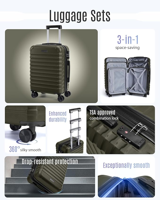 LIGHT FLIGHT Luggage Sets, 3 Piece Durable Suitcase Set with Spinner Wheels, 3 Pcs Hardside Lightweight luggage with TSA Lock, Large Checked Travel Suitcases, 20/24/28 Inch, Pine Green