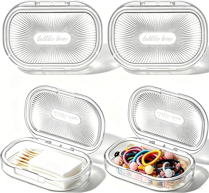4 Pcs Hair Tie Container Small Portable Travel Cotton Swab Holder Dispenser with Lid Plastic Box Storage Containers for Small Items, 3.94 x 2.76 Inch(4Pces,White01)