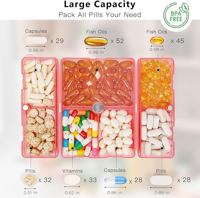 FYY Daily Pill Organizer,7 Compartments Portable Pill Case Travel Pill Organizer,[Folding Design] Large Pill Box for Purse Pocket to Hold Vitamins,Cod Liver Oil,Supplements and Medication-Clear Red