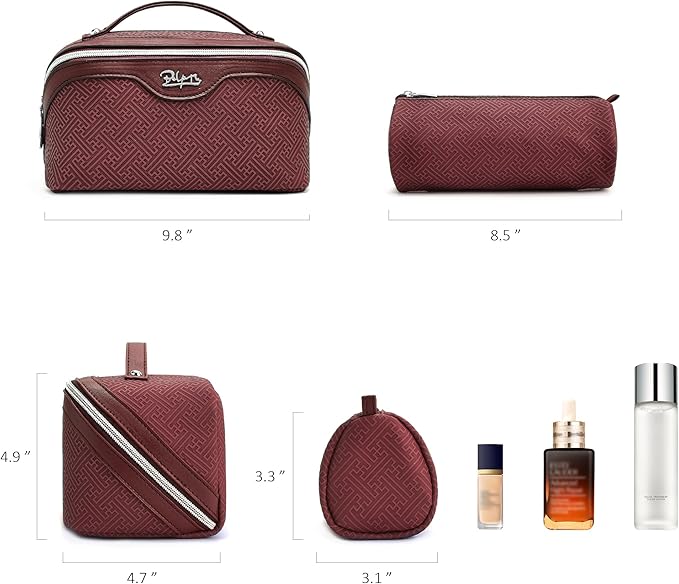 BOYATU Travel Makeup Bags for Women: Vintage Roman Column Texture Large Capacity Cosmetic Bag - Each Journey, Quiet Luxury Serenity - 3 Pcs Set Organizer Toiletry Purse 50% Extra Storage(Burgundy)