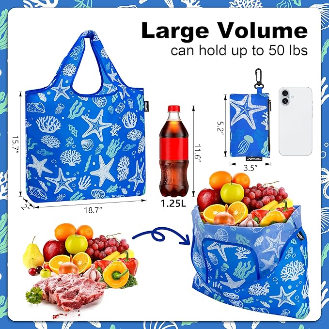 HOLYLUCK Reusable Grocery Bags,Heavy Duty Foldable Shopping Tote Bag (Standard, 3 Starfish)