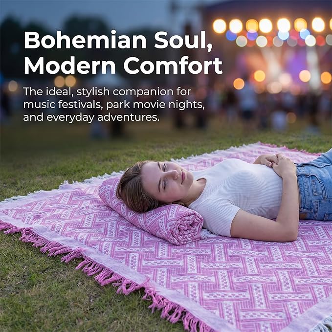 70x70 Bohemian Picnic Mat Extra Large, Sand Proof Outdoor Camping Blanket Machine Washable, Lightweight Portable Travel Tarp for 5-7 Adults Beach Park Grass (Pink-T-Grid)