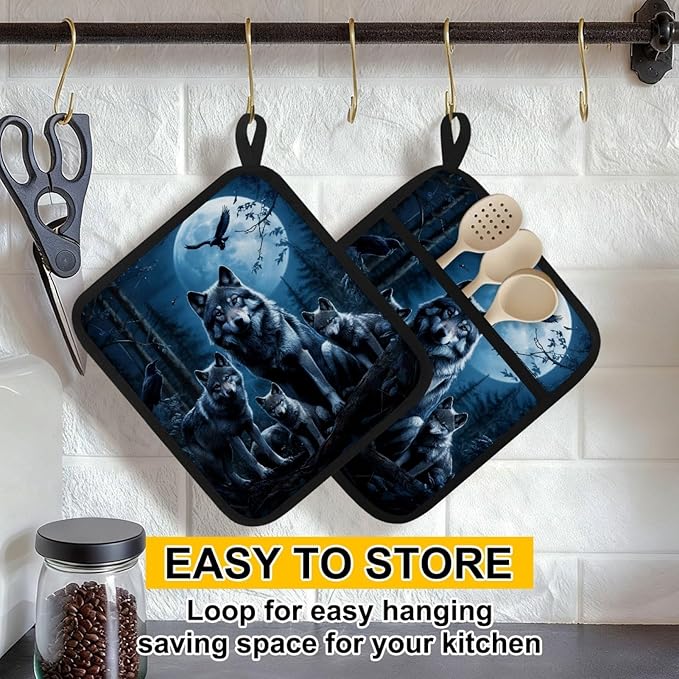 Wolf Family Pot Holders with Pockets 2 PCS, Heat Resistant Oven Mitts Hot Pads for Kitchen Baking Cooking, Square Thick Pot Holders Kitchen Hot Potholders, 8.5x10 Inches