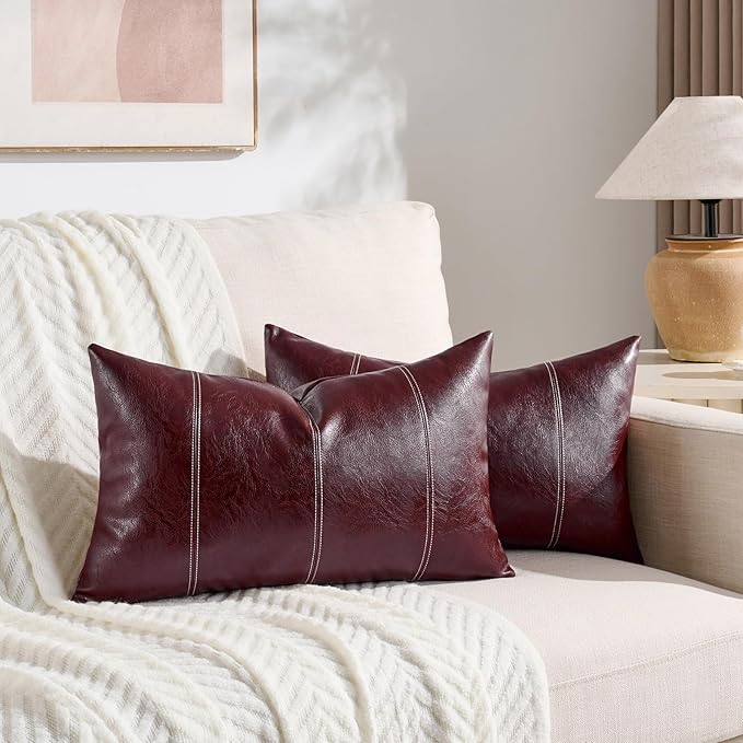 Fancy Homi Burgundy Long Lumbar Faux Leather Decorative Throw Pillow Covers 12x24 Inch for Living Room Couch Bed, Modern Farmhouse Boho Home Decor, Wine Red Hand Stitched Cushion Case 30x60 cm