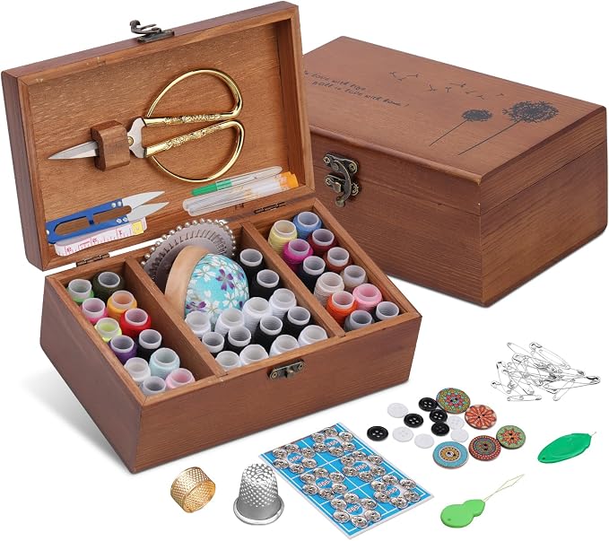 Sewing Kit Set, Wooden Sewing Kit Box, Sewing Supplies for Beginner Traveler and Emergency Clothing Fixes,DIY Crafts Accessories with Thread, Scissors, Needles, Tape Measure and Other Accessories