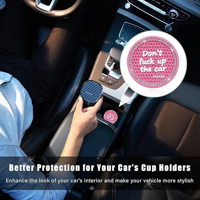 Ziciner 4 Pack Bling Car Cup Holder Coaster, 2.75 Inch Anti-Slip Auto Insert Cup Coaster, Crystal Car Drink Cup Mat Perfect for Women Girls, Universal Interior Decor Accessories (Pink)