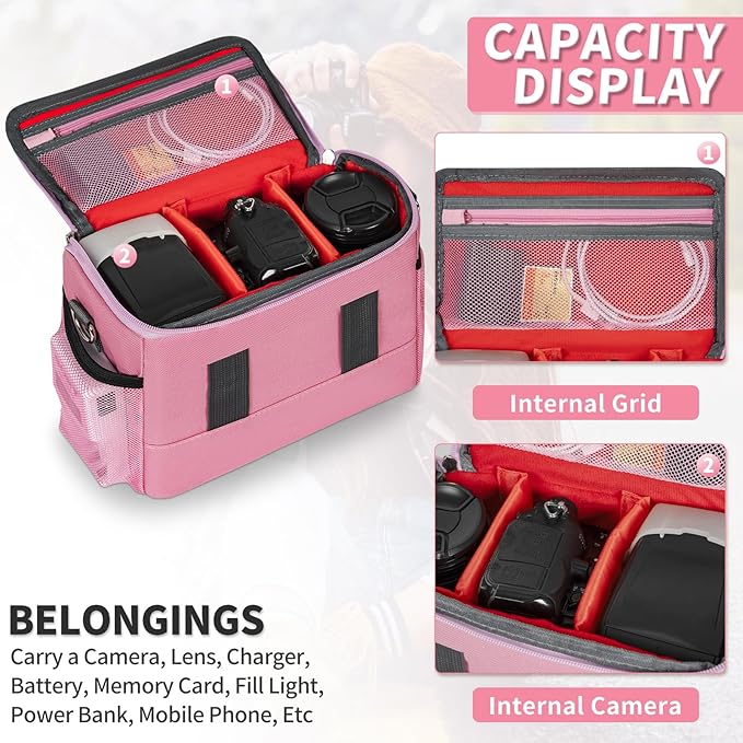 GMAK Camera Bag for Photographers, Anti-shock Camera Shoulder Bags with Water-resistant Rain Cover, Camera Case Compatible for DSLR/SLR/Mirrorless Cameras, 9'' × 4.7'' × 7.5'', Pink