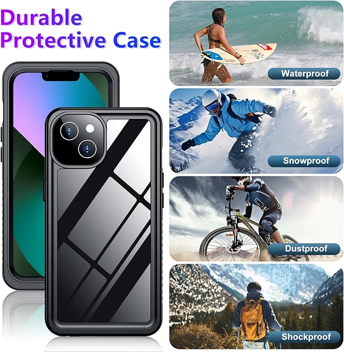 Compatible with iPhone 13 Case Waterproof, Built-in Screen & Camera Protector IP68 Underwater Full Body 13FT Military Dropproof Shockproof Phone Case 6.1"-Black/Clear | Waterproof