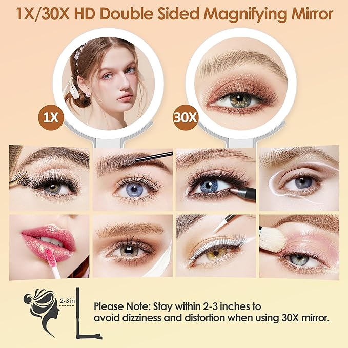 MIYADIVA Magnifying Mirror with Light, Double Sided 30X/1X Lighted Travel Makeup Mirror with Magnification, 3 Color Lighting, Dimmable Touch Screen, Adjustable & Foldable Hand Mirror (White)