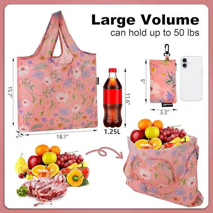 HOLYLUCK Reusable Grocery Bags,Heavy Duty Foldable Shopping Tote Bag (Standard, Pink floral)