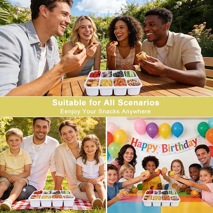 Snackle Box Container, Large 8-Compartment Divided Serving Tray with Lid and Handle, Portable Snack Tray for Travel Party Beach Picnic, Dishwasher Safe, BPA-Free, Wheat Straw
