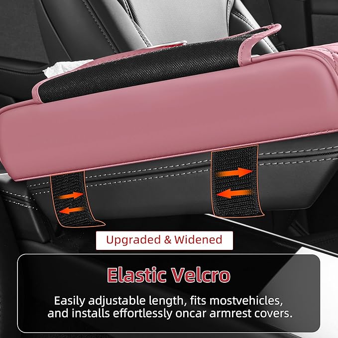 5 in 1 Car Center Console Cover, Armrest Pad with 2 Storage Pockets, Cup Holder, Tissue Slot, Phone Holder, Nappa Leather Memory Foam Car Accessories for SUV Sedan Truck (Pink)