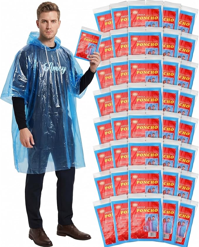 40 Pack Disposable Rain Ponchos for Adults Disposable Ponchos Pack with Drawstring Hood Elastic Sleeves Raincoat for Camping