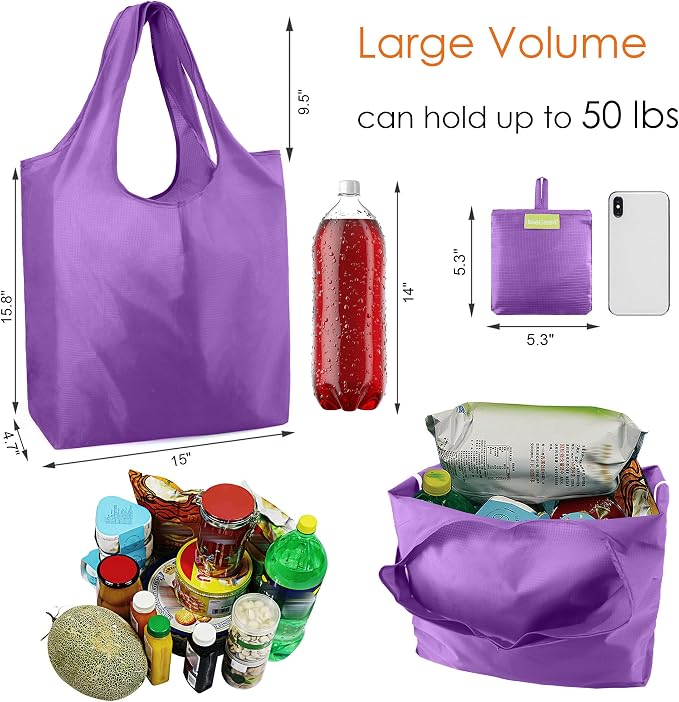 BeeGreen Purple Reusable Grocery Bags Wholesale Purple Reusable Kitchen Bags Bulk Foldable-Machine Washable with Zipper Storage Pouch 10 Packs