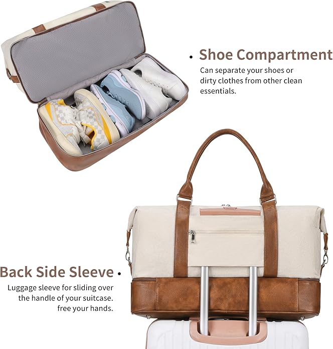Women's Weekender bag Travel Duffel Bag with Shoe Compartment 21-inch Airline-Approved Carry-On, 2-Piece Overnight Bag Set Personal Item Luggage