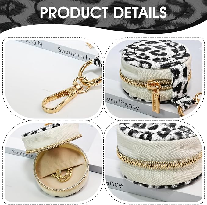 Portable Ring Keychain Holder for Gym and Travel - Jewelry Holder for Sports Bag, Compact Ring Earring Necklace Storage Case (White leopard print)