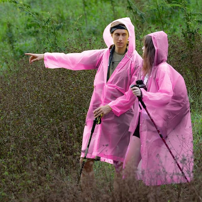 Rain Ponchos for Adults Reusable Rain Coats with Hood and Drawstring Thicken Ponchos Waterproof for Women(Pink)