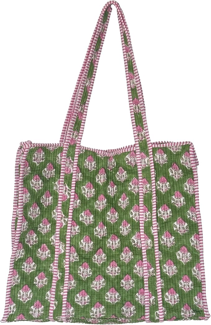 ATOSII Women Handblock Print Quilted 100% Cotton Floral Large Shoulder Tote Bag with Pocket, Zipper for Work, Beach & Travel