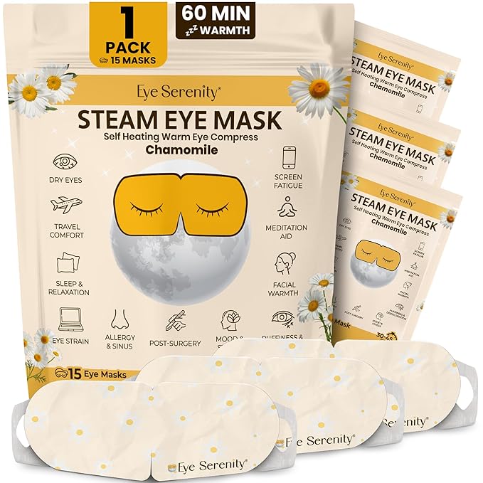 Eye Serenity Steam Eye Mask, Heated Eye Mask, Self Heating Warm Compress for Dry Eyes, Fast Relief for Stye, Puffy Sensitive Eyes, Moist Heat, Relaxation Gifts for Women and Men - Chamomile