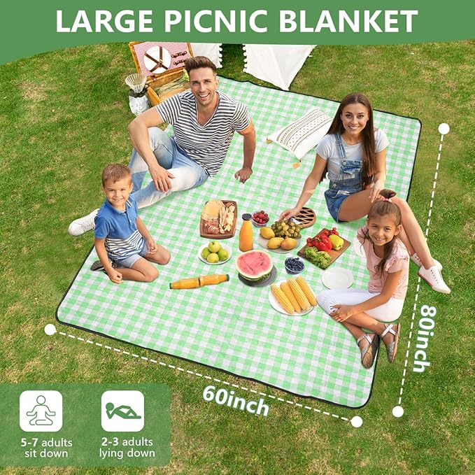 OBTANIM Extra Large Picnic Blanket 60 x 80 Inch Waterproof Foldable Beach Blankets Outdoor Picnic Mat for Camping Grass Lawn Park Music Festival Party Accessories (Green and White)