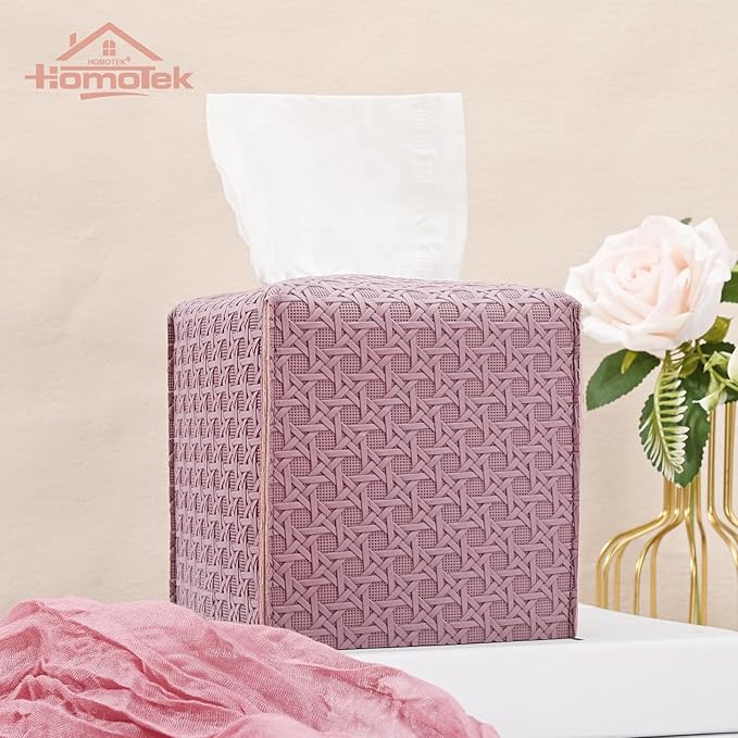 HOMOTEK 2 Pack Tissue Box Cover, Square PU Leather Tissue Holder, Decorative Facial Tissue Cube Paper Organizer Dispenser for Bathroom, Night Stands, Desk, Car 5X5X5'' - Rattan Weave,Plum Red