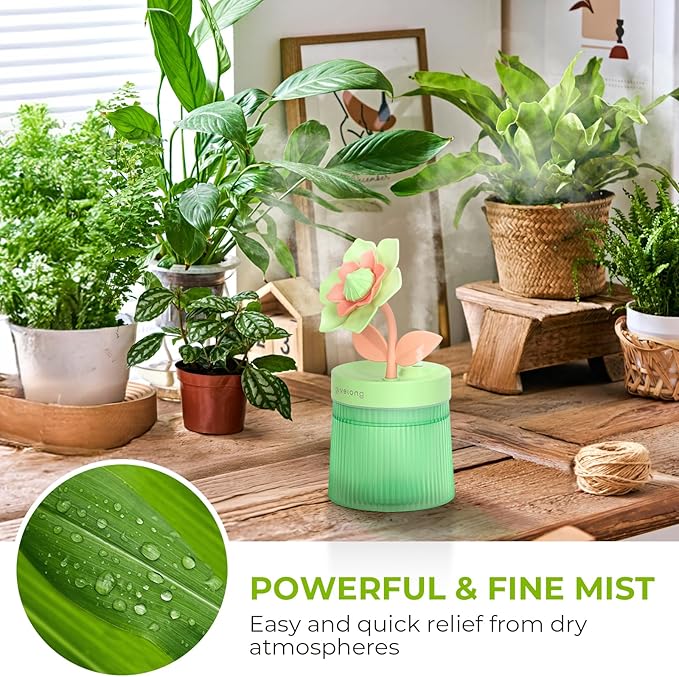 260ml Flower Mini Humidifier, Green Gardenia Desktop Small Humidifiers, Personal Cool Mist Humidification, USB Desk Humidifier for Bedroom, Office, Travel & Indoor Plants
