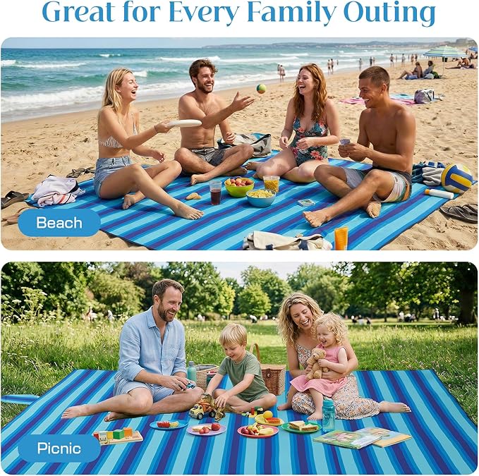 OIGAE Family Beach Blanket, 7×8 ft Sand-Free Picnic Mat for 1–4 People, Quick-Dry Lightweight Outdoor Blanket with Stakes & Corner Pockets, Blue Stripe