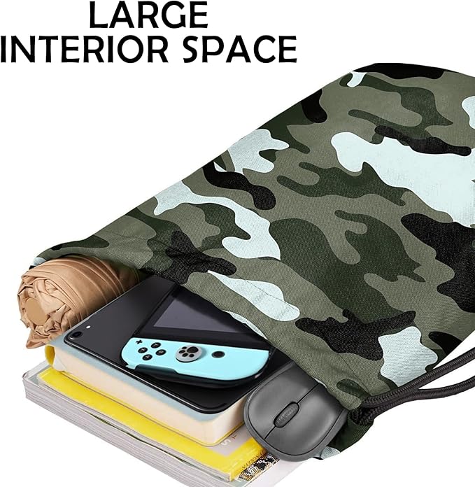 Drawstring Backpack for String Bag Waterproof Cute Sports Beach Swimming Travel (13"×17")-Green Camouflage