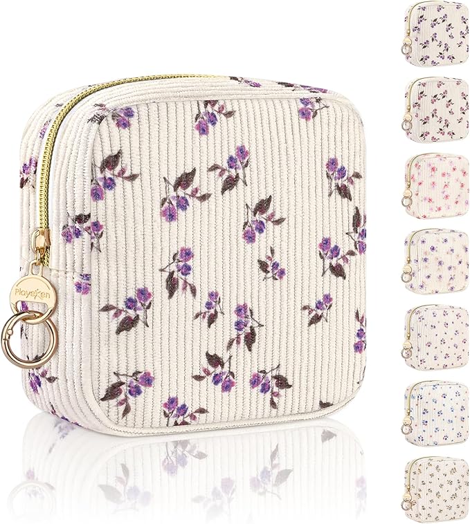 Floral Period Bag, Small Period Pouches for Teen Girls, Corduroy Sanitary Napkin Storage Bag, Compact Discreet Pad and Tampon Holder for Purse (Big Floral-Purple)