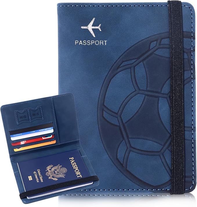 Passport Holder and Card Slot Combo RFID Blocking Leather Personalized Travel Passport Wallet for Men and Women US Passport Cover Protector (Soccer blue)