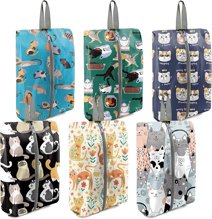 BeeGreen Cats Shoe Bags 6 Pack for Travel with Handle as Packing Organizers for Suitcase and Luggage | Portable Nylon Storage Accessories for Vacations,Gym,Sport,Essential Gifts for Women and Men