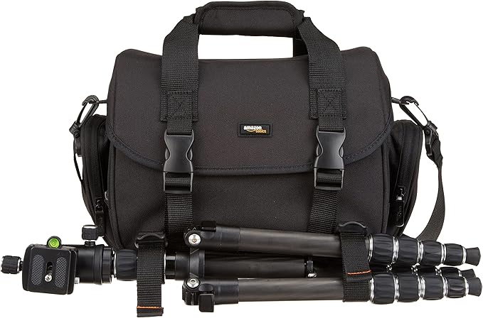 Amazon Basics Large DSLR Gadget Bag with Multiple Compartments, Pockets, Shoulder Strap, Black with Orange Interior