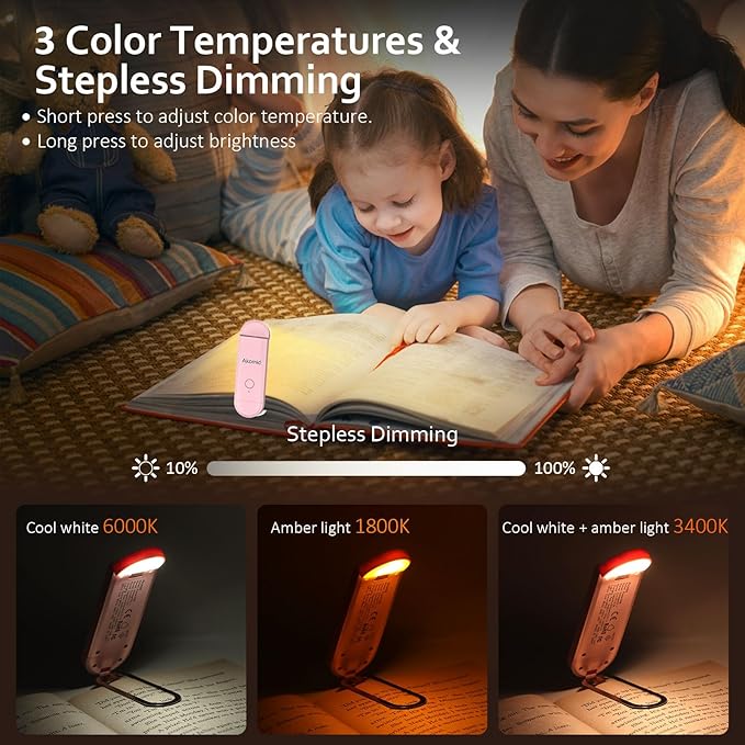 Akomid USB Rechargeable Book Light for Reading in Bed, 8 LEDs Bookmark Style Clip on, Eye-Cared Amber Light Mode for Kids, Blue Light Blocking, Stepless Dimming, Pink