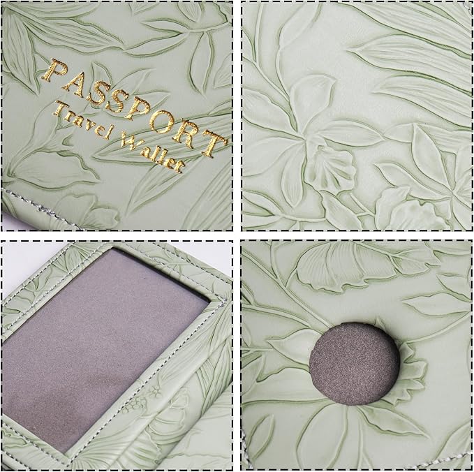 lizimandu Passport Holder with Airtag Slot, Airtag Passport Wallet for Men Women, Slim Leather Passport Holder Case Family for Travel Anti-Lost(1-Carved Green)