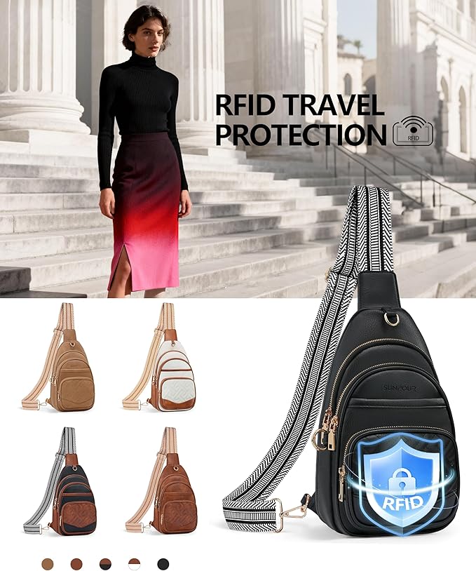 Anti Theft Crossbody Bags for Women, RFID Vegan Leather Sling Purse for Travel, Chest Bag, Cross Body Purses & Fanny Packs(Black)
