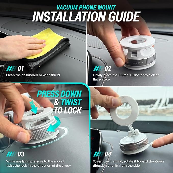 CARMOUNT Clutch-X™ White – Upgraded Vacuum Phone Mount Suction Cup Car Phone Holder for iPhone, Window Phone Mount, 360° Vacuum Magnetic Phone Holder for Car, Magnetic Phone Holder with Suction Cup