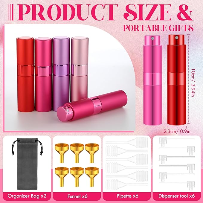Honeydak 16 Pack 8 ml Refillable Perfume Atomizer Mini Refillable Spray Travel Bottles Empty Cologne Sprayer Portable Fragrance Atomizer with Funnel, Dispenser, Pipettes, Bag(Red,Pink,Purple,Rose Red)