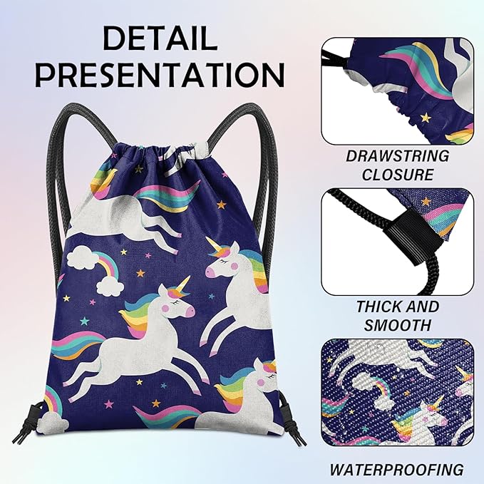 Drawstring Backpack for String Bag Waterproof Cute Sports Beach Swimming Travel (13"×17")-Blue Unicorn
