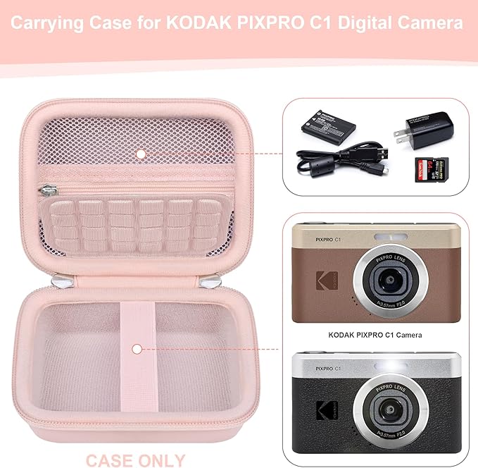RAIALL Carrying Case for KODAK PIXPRO C1 Friendly Zoom Digital Camera, Point and Shoot Vlogging Camera Hard Travel Bag, Mesh Pocket for Charging Adapter, SD Card, USB Cable and Batteries, Pink