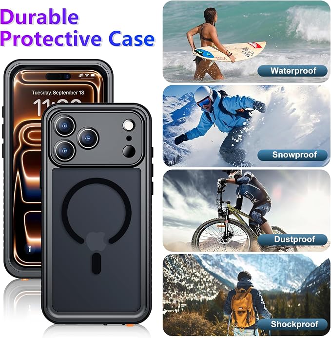 Magnetic Compatible with iPhone 17 Pro Max Case,Waterproof Built-in Screen & Camera Protector IP68 Underwater Full Body Military Dropproof Translucent Matte Phone Case 6.9"-Mag/Black