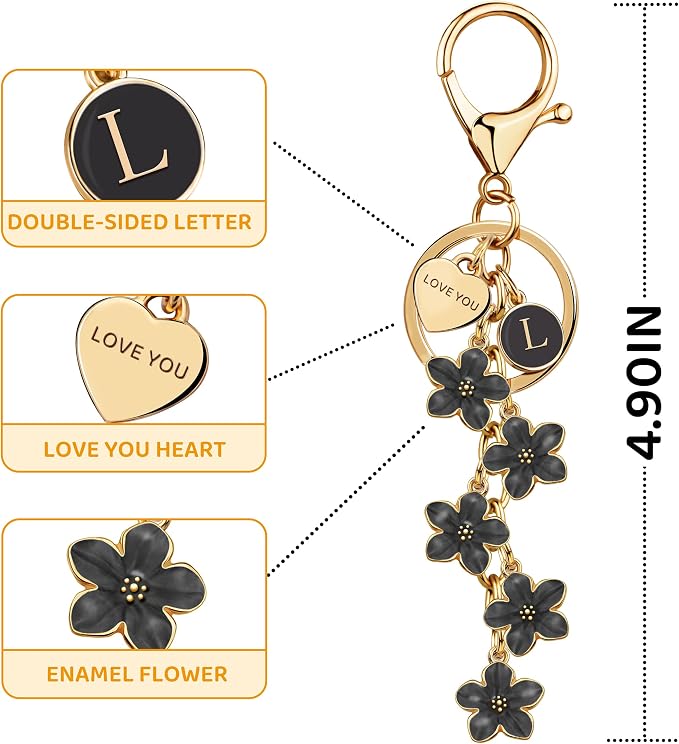 Suweibuke Cute Initial Letter Keychain with Love You Heart, Enamel Flower Charm for Key Handbag Backpack - Women Girls Gifts
