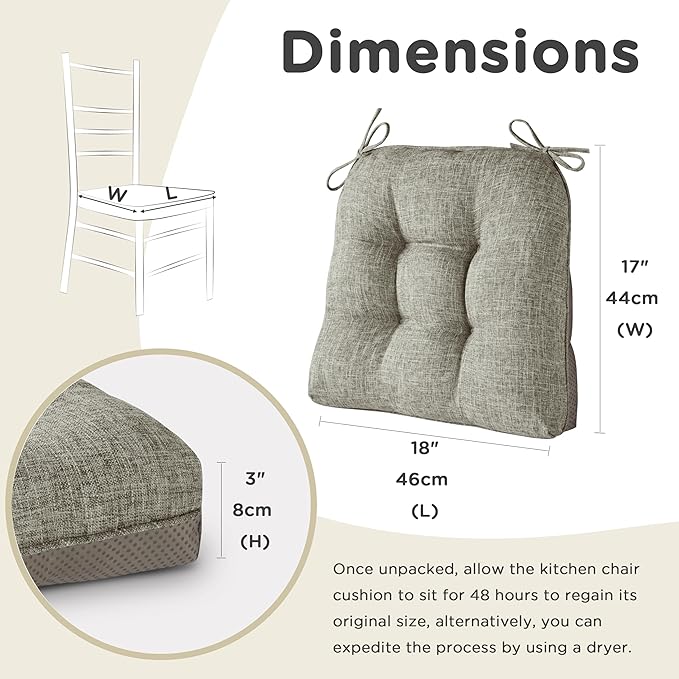 AddGrace Chair Cushions for Dining Chairs Set of 1 Kitchen Seat Cushions with Ties and Non Slip Backing Tufted Indoor Seat Pad for Kitchen Dining Room 18" x 17" x 3" Heather Grey