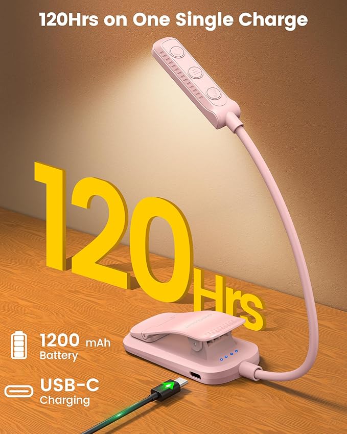 Glocusent 13 LED Rechargeable Book Light for Reading at Night, Eye-Caring 3 Amber Colors & Stepless Dimming, Lasts 1 Week to 2 Months, Travel Clip on Lamp, Gifts for Book Lovers, Men, Women & Kids