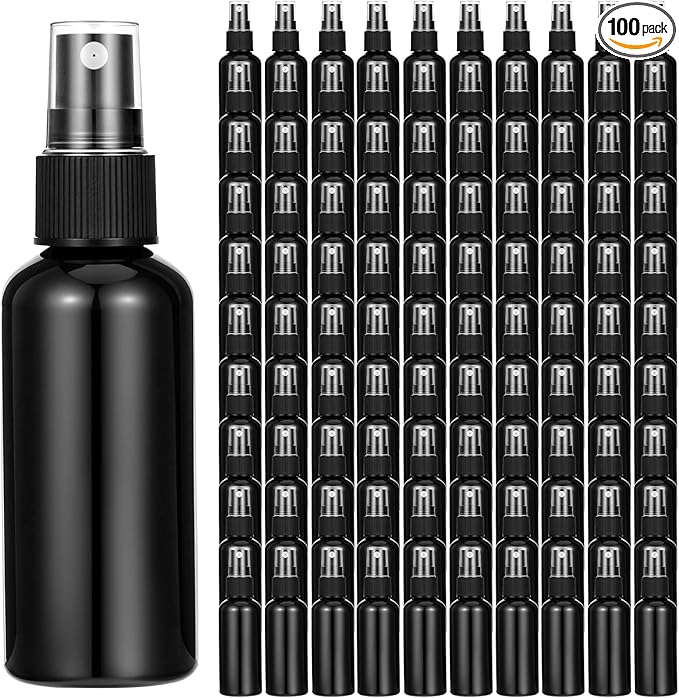 100 Pcs 2oz Black Spray Bottles, Fine Mist Refillable Travel Size Plastic Spritzers - Leak Proof Mini Mister for Cleaning, Hair, Essential Oils & Perfume